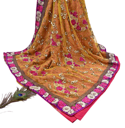 Pre-Owned Sari Yellow Peach Net & Pure Georgette silk Hand Embroidered Designer Manish Malhotra Sarees Ethnic Zardozi Zari Wedding Saree
