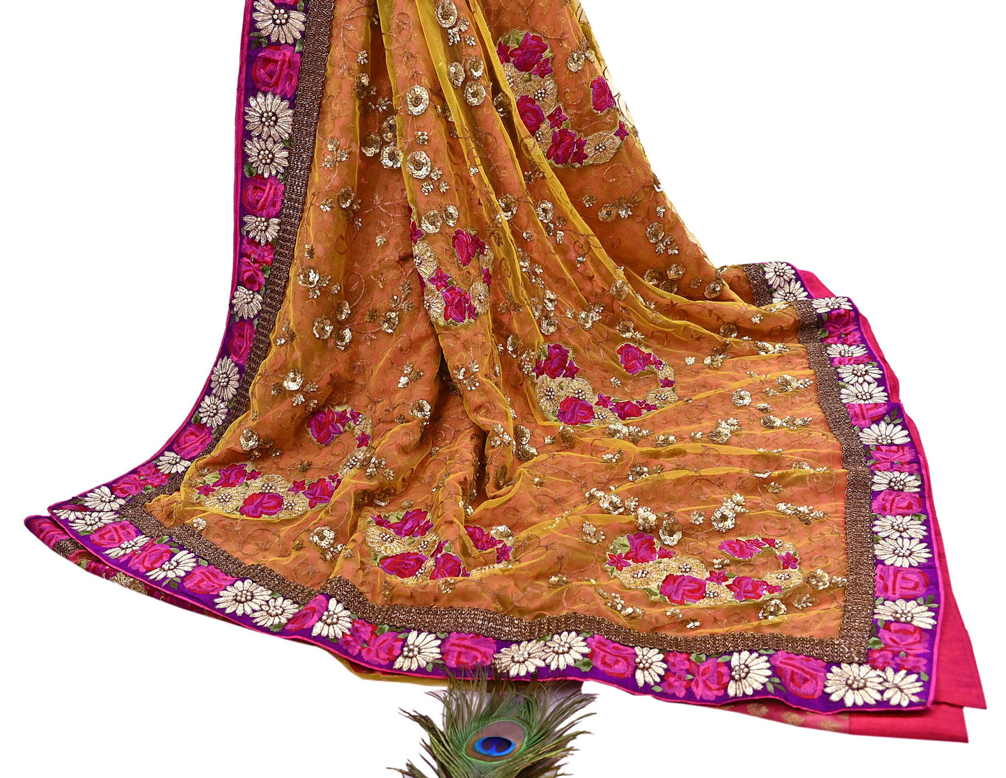 Pre-Owned Sari Yellow Peach Net & Pure Georgette silk Hand Embroidered Designer Manish Malhotra Sarees Ethnic Zardozi Zari Wedding Saree