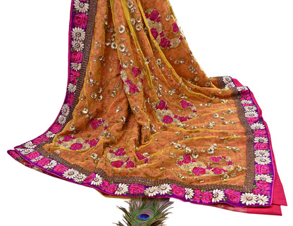 Pre-Owned Sari Yellow Peach Net & Pure Georgette silk Hand Embroidered Designer Manish Malhotra Sarees Ethnic Zardozi Zari Wedding Saree