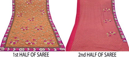 Pre-Owned Sari Yellow Peach Net & Pure Georgette silk Hand Embroidered Designer Manish Malhotra Sarees Ethnic Zardozi Zari Wedding Saree