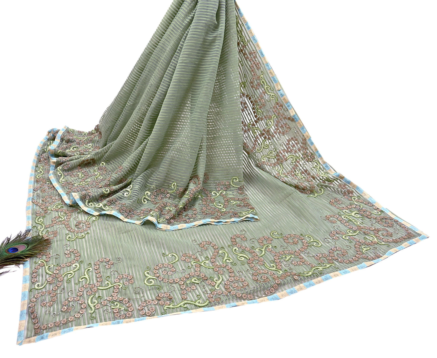 Indian Vintage Sage Green Saree Pure Organza Silk Hand Beaded Abu jani Designer Sari Fabric 6-Yards Soft Ethnic Bollywood Party sarees