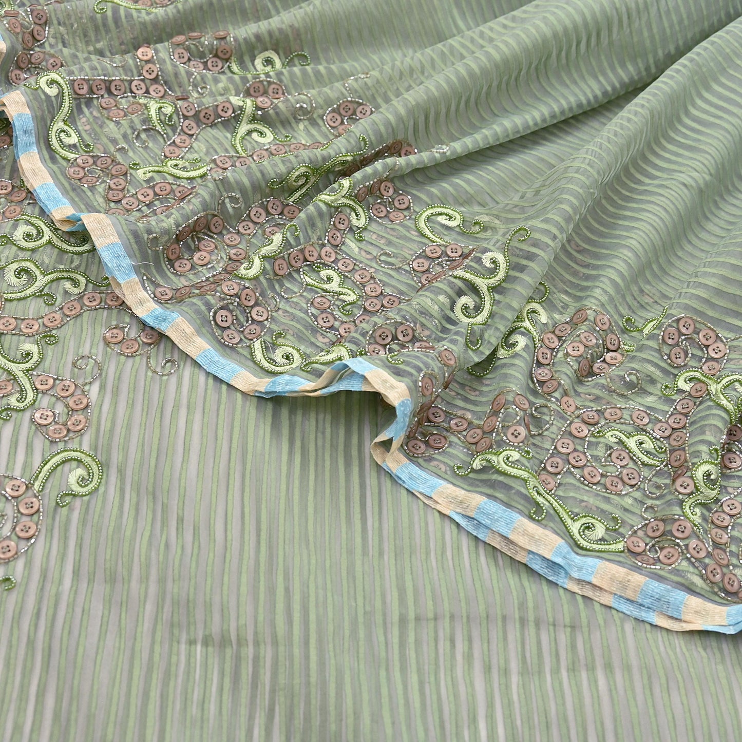 Indian Vintage Sage Green Saree Pure Organza Silk Hand Beaded Abu jani Designer Sari Fabric 6-Yards Soft Ethnic Bollywood Party sarees