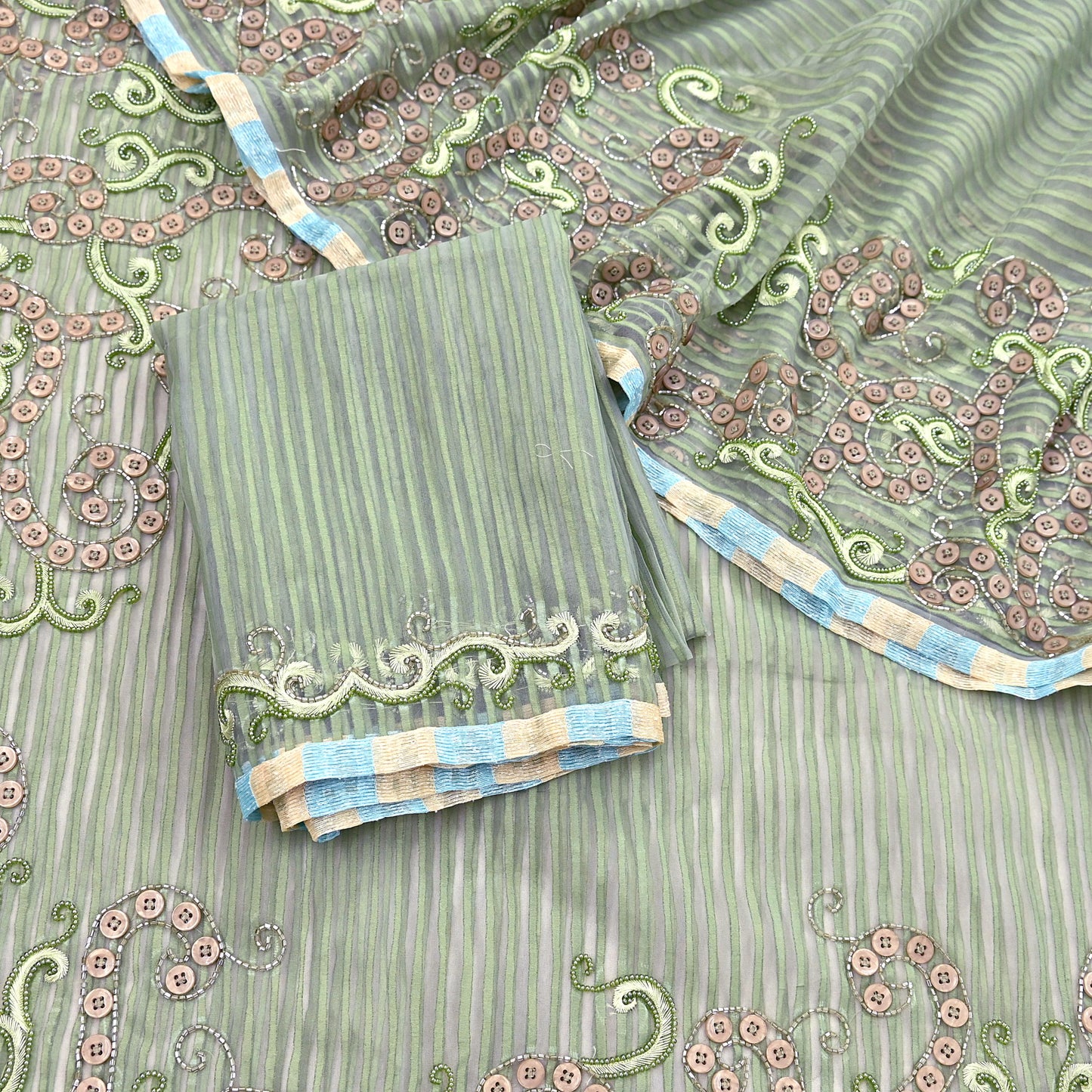 Indian Vintage Sage Green Saree Pure Organza Silk Hand Beaded Abu jani Designer Sari Fabric 6-Yards Soft Ethnic Bollywood Party sarees