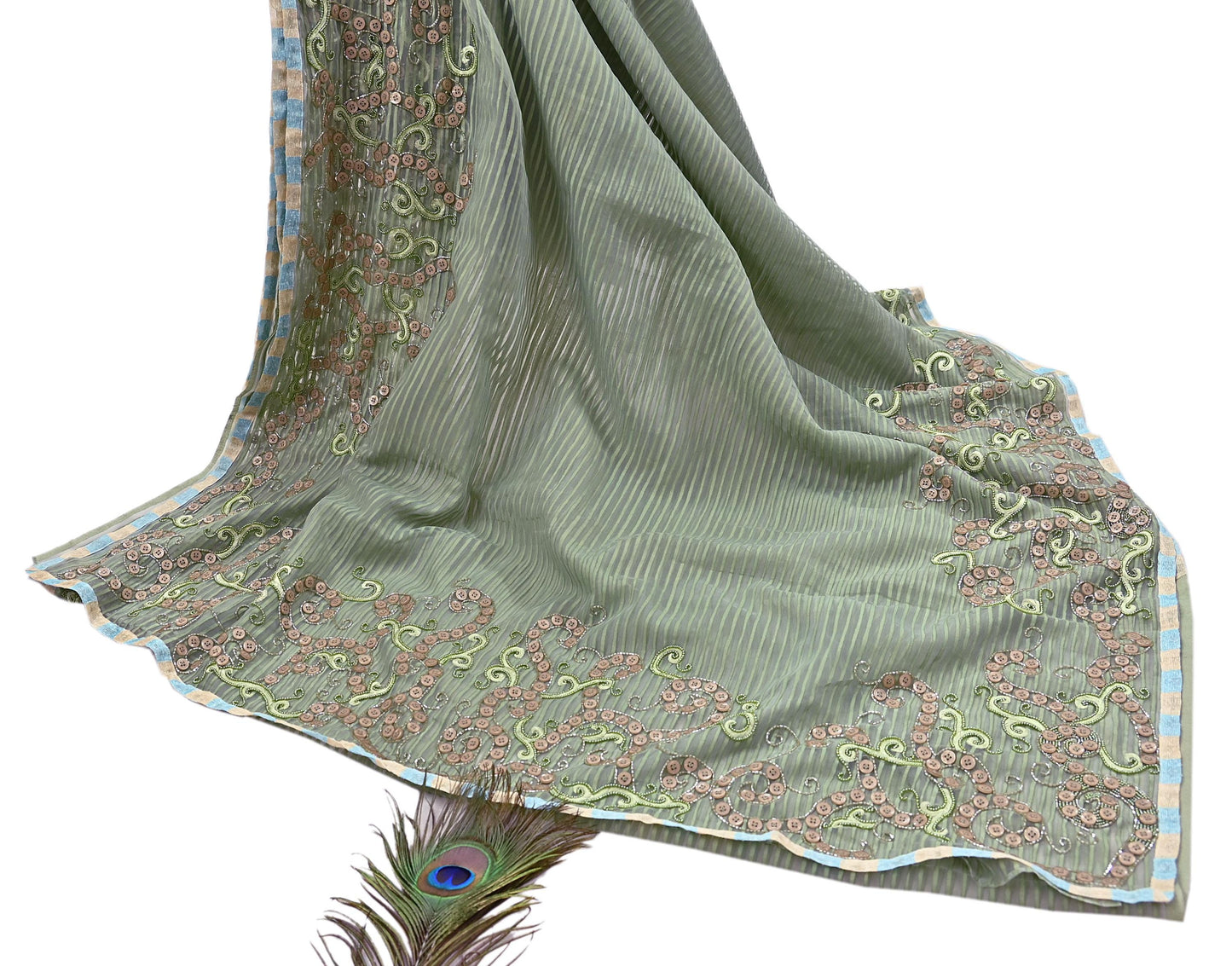 Indian Vintage Sage Green Saree Pure Organza Silk Hand Beaded Abu jani Designer Sari Fabric 6-Yards Soft Ethnic Bollywood Party sarees