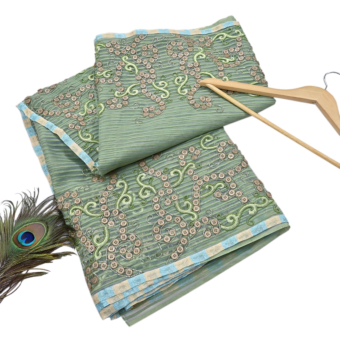 Indian Vintage Sage Green Saree Pure Organza Silk Hand Beaded Abu jani Designer Sari Fabric 6-Yards Soft Ethnic Bollywood Party sarees