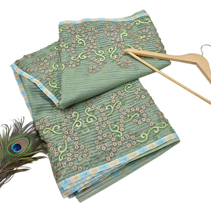 Indian Vintage Sage Green Saree Pure Organza Silk Hand Beaded Abu jani Designer Sari Fabric 6-Yards Soft Ethnic Bollywood Party sarees