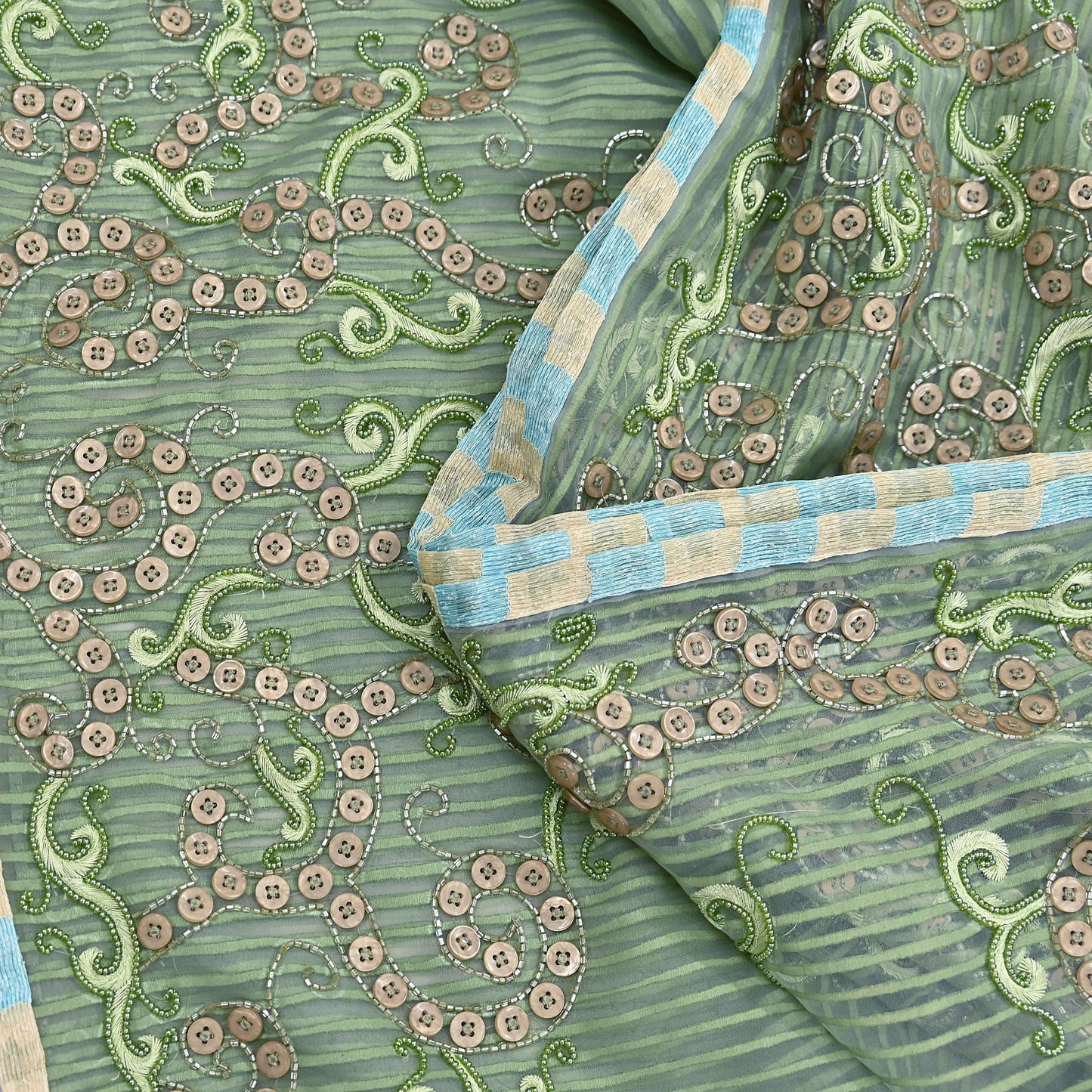 Indian Vintage Sage Green Saree Pure Organza Silk Hand Beaded Abu jani Designer Sari Fabric 6-Yards Soft Ethnic Bollywood Party sarees