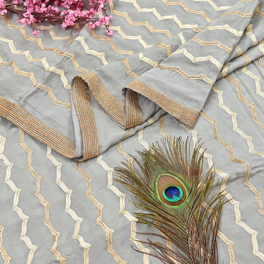 Indian Pre-owned Heavy Sari Gray Pure Silk Hand Embroidered gota patti Sarees Designer Abu Jani 6Yd Sewing Ethnic Sarees