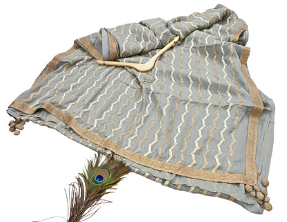 Indian Pre-owned Heavy Sari Gray Pure Silk Hand Embroidered gota patti Sarees Designer Abu Jani 6Yd Sewing Ethnic Sarees