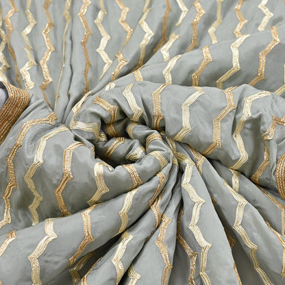Indian Pre-owned Heavy Sari Gray Pure Silk Hand Embroidered gota patti Sarees Designer Abu Jani 6Yd Sewing Ethnic Sarees