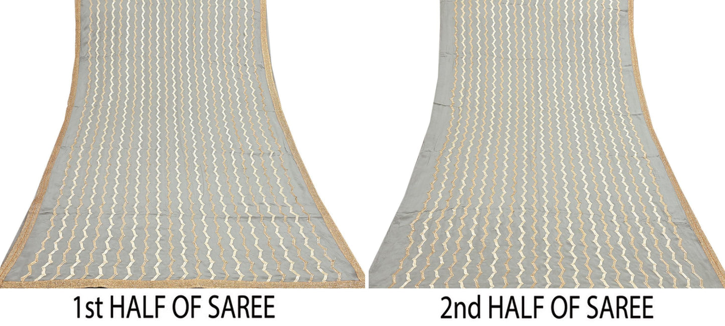 Indian Pre-owned Heavy Sari Gray Pure Silk Hand Embroidered gota patti Sarees Designer Abu Jani 6Yd Sewing Ethnic Sarees