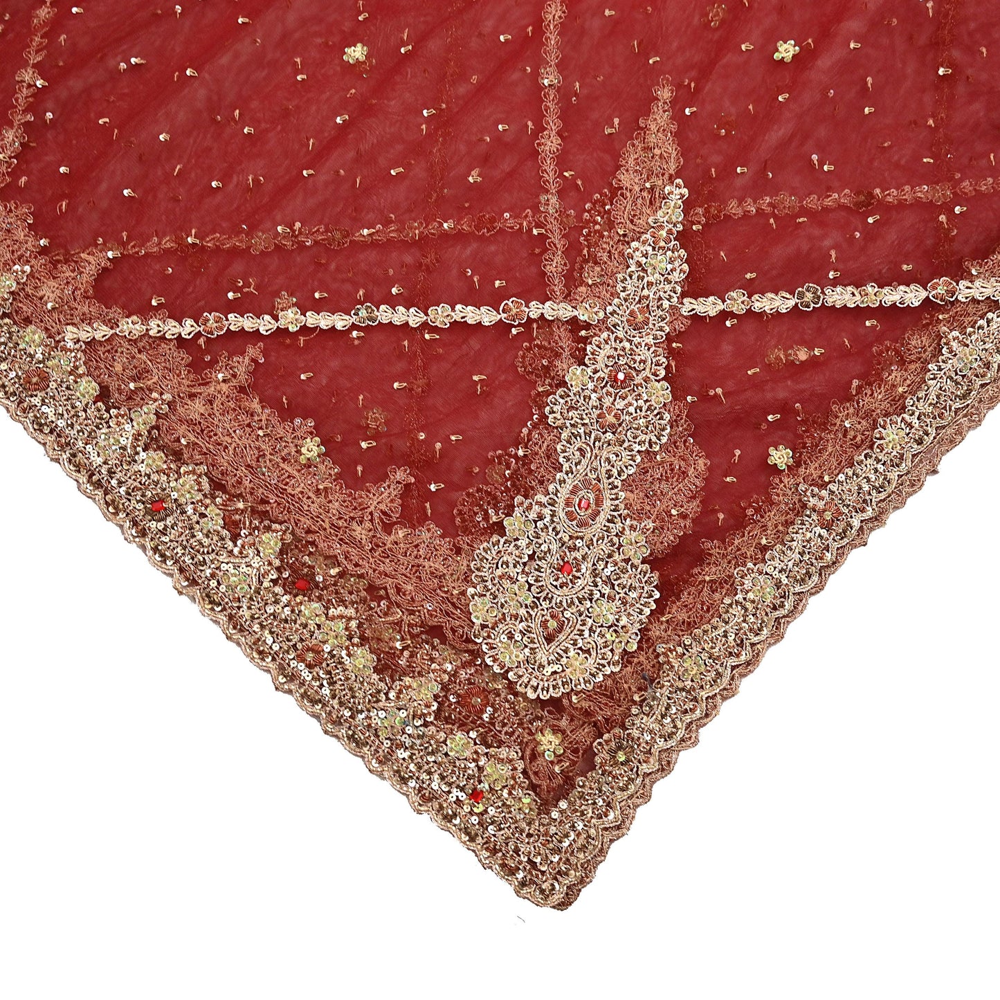 Indian Vintage Heavy Red & Orange Dupatta Net Mesh Long Stole Hand Embroidered Scarves Golden Zardozi Zari Sequins Stole