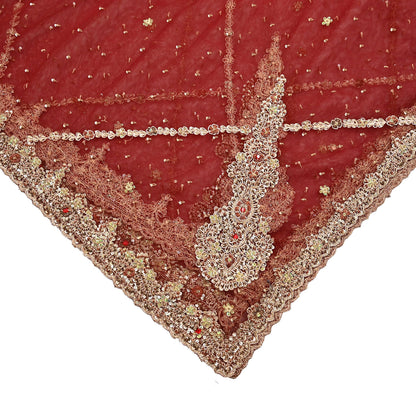 Indian Vintage Heavy Red & Orange Dupatta Net Mesh Long Stole Hand Embroidered Scarves Golden Zardozi Zari Sequins Stole