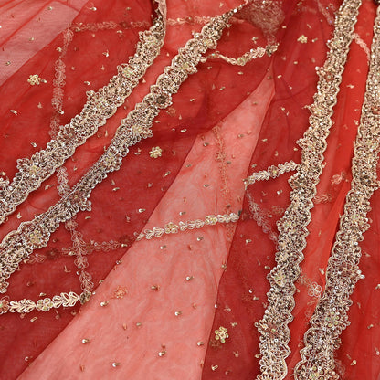 Indian Vintage Heavy Red & Orange Dupatta Net Mesh Long Stole Hand Embroidered Scarves Golden Zardozi Zari Sequins Stole