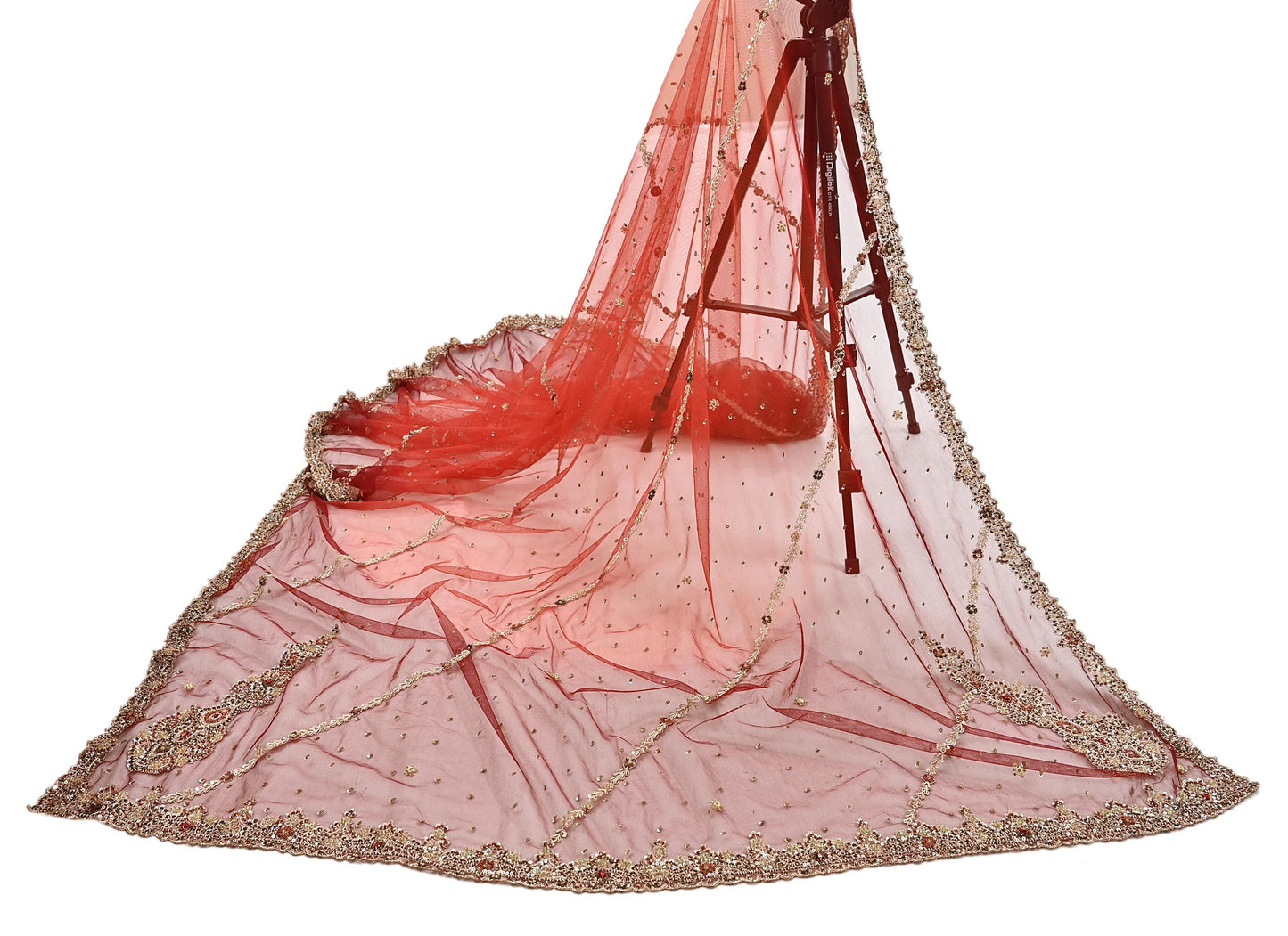 Indian Vintage Heavy Red & Orange Dupatta Net Mesh Long Stole Hand Embroidered Scarves Golden Zardozi Zari Sequins Stole