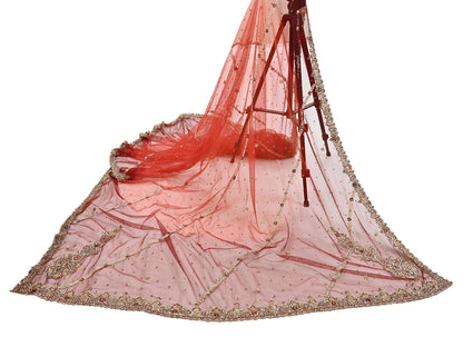 Indian Vintage Heavy Red & Orange Dupatta Net Mesh Long Stole Hand Embroidered Scarves Golden Zardozi Zari Sequins Stole