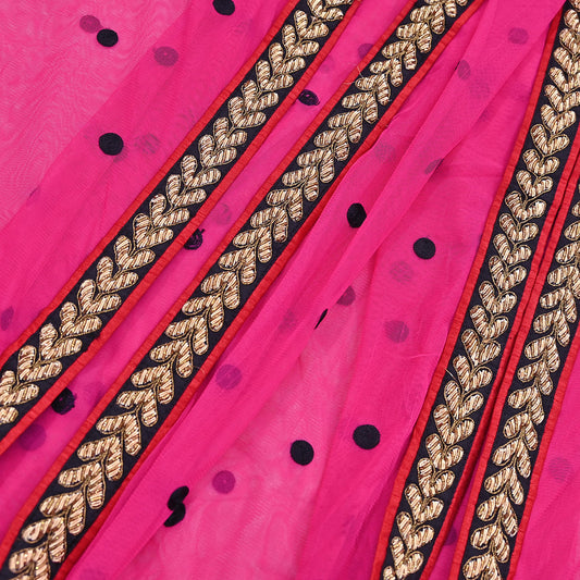 Indian Vintage Heavy Pink Dupatta Net Mesh Long Stole Hand Embroidered Scarves Golden Zardozi Dabka Zari Stole