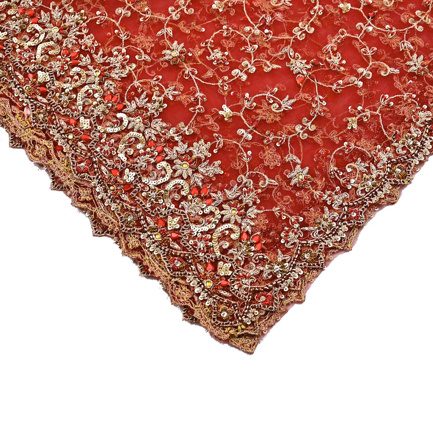Indian Vintage Heavy Red Dupatta Net Mesh Long Stole Hand Embroidered Scarves Golden Zardozi Zari Sequins Stole
