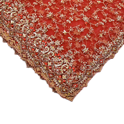 Indian Vintage Heavy Red Dupatta Net Mesh Long Stole Hand Embroidered Scarves Golden Zardozi Zari Sequins Stole
