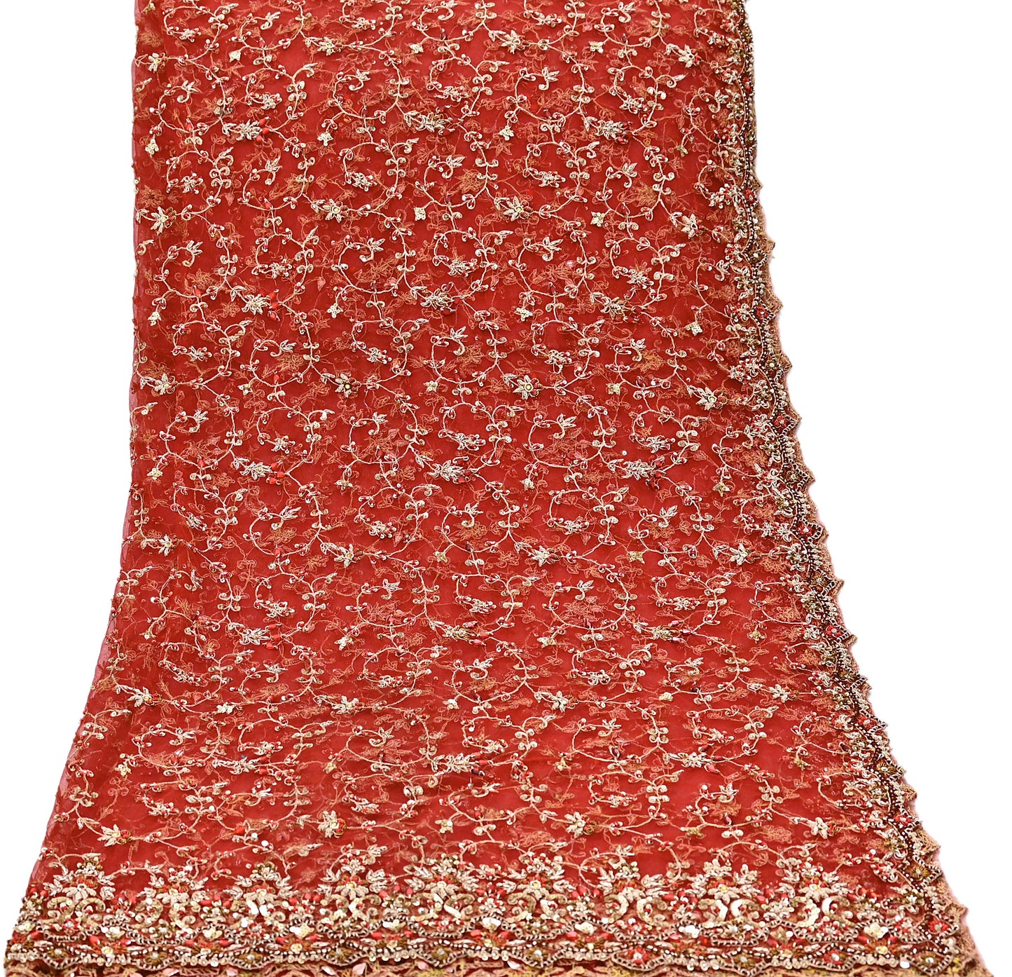 Indian Vintage Heavy Red Dupatta Net Mesh Long Stole Hand Embroidered Scarves Golden Zardozi Zari Sequins Stole