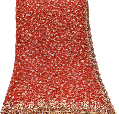 Indian Vintage Heavy Red Dupatta Net Mesh Long Stole Hand Embroidered Scarves Golden Zardozi Zari Sequins Stole