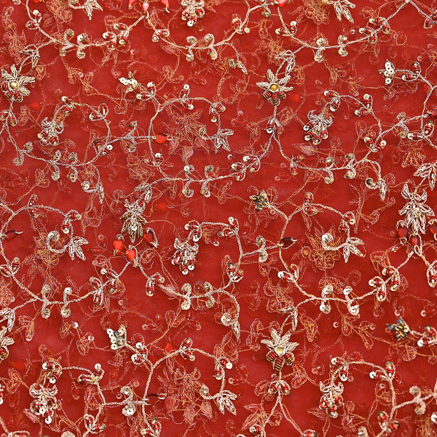 Indian Vintage Heavy Red Dupatta Net Mesh Long Stole Hand Embroidered Scarves Golden Zardozi Zari Sequins Stole