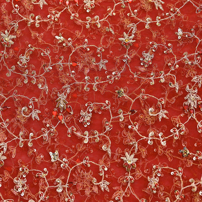 Indian Vintage Heavy Red Dupatta Net Mesh Long Stole Hand Embroidered Scarves Golden Zardozi Zari Sequins Stole
