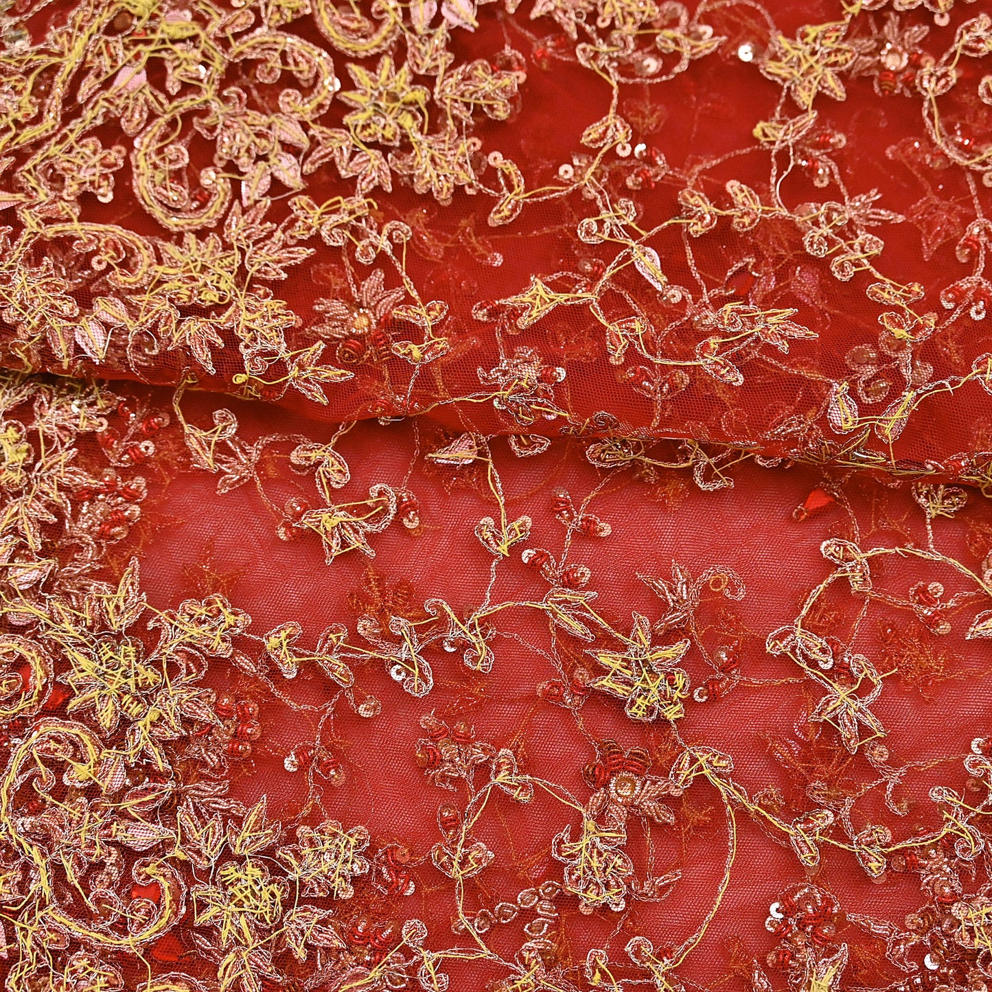 Indian Vintage Heavy Red Dupatta Net Mesh Long Stole Hand Embroidered Scarves Golden Zardozi Zari Sequins Stole