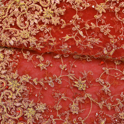 Indian Vintage Heavy Red Dupatta Net Mesh Long Stole Hand Embroidered Scarves Golden Zardozi Zari Sequins Stole