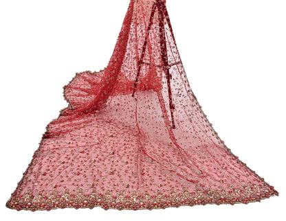 Indian Vintage Heavy Red Dupatta Net Mesh Long Stole Hand Embroidered Scarves Golden Zardozi Zari Sequins Stole