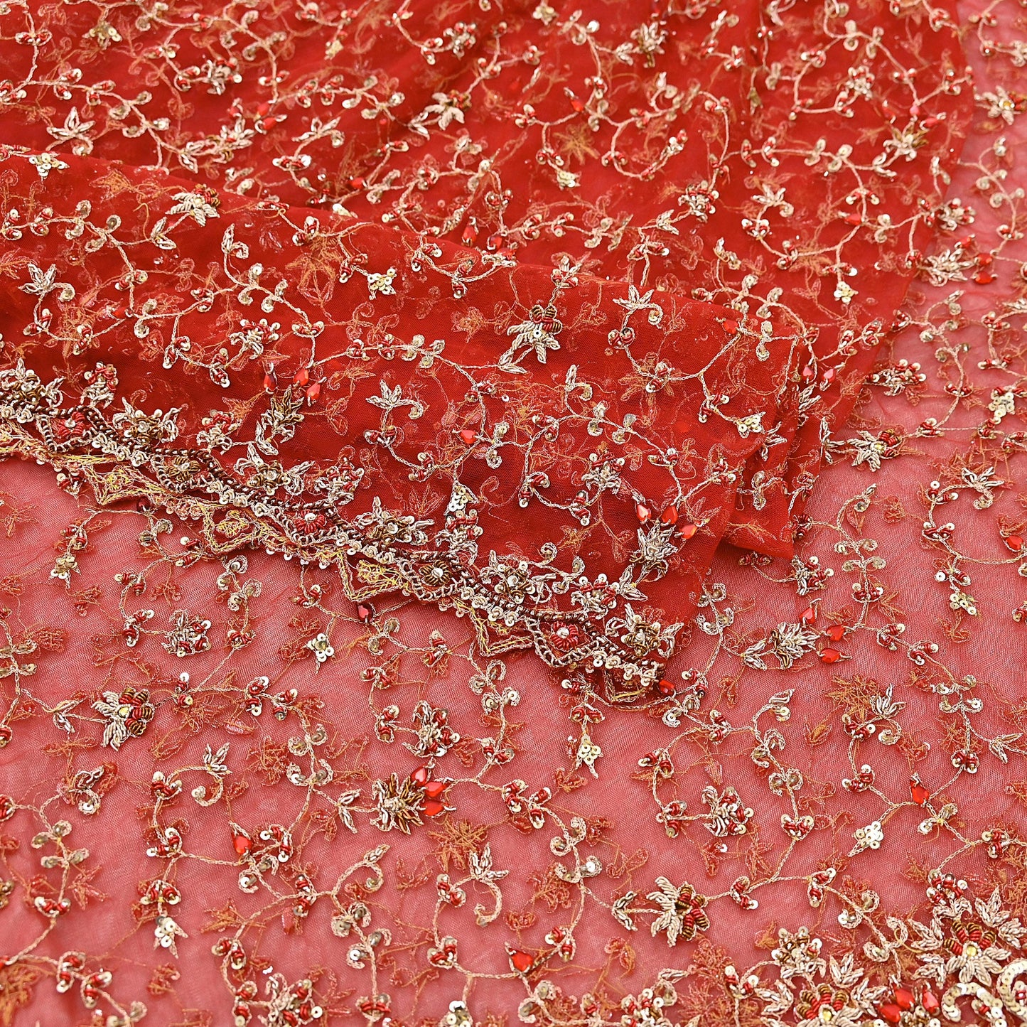 Indian Vintage Heavy Red Dupatta Net Mesh Long Stole Hand Embroidered Scarves Golden Zardozi Zari Sequins Stole