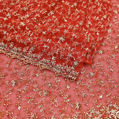 Indian Vintage Heavy Red Dupatta Net Mesh Long Stole Hand Embroidered Scarves Golden Zardozi Zari Sequins Stole