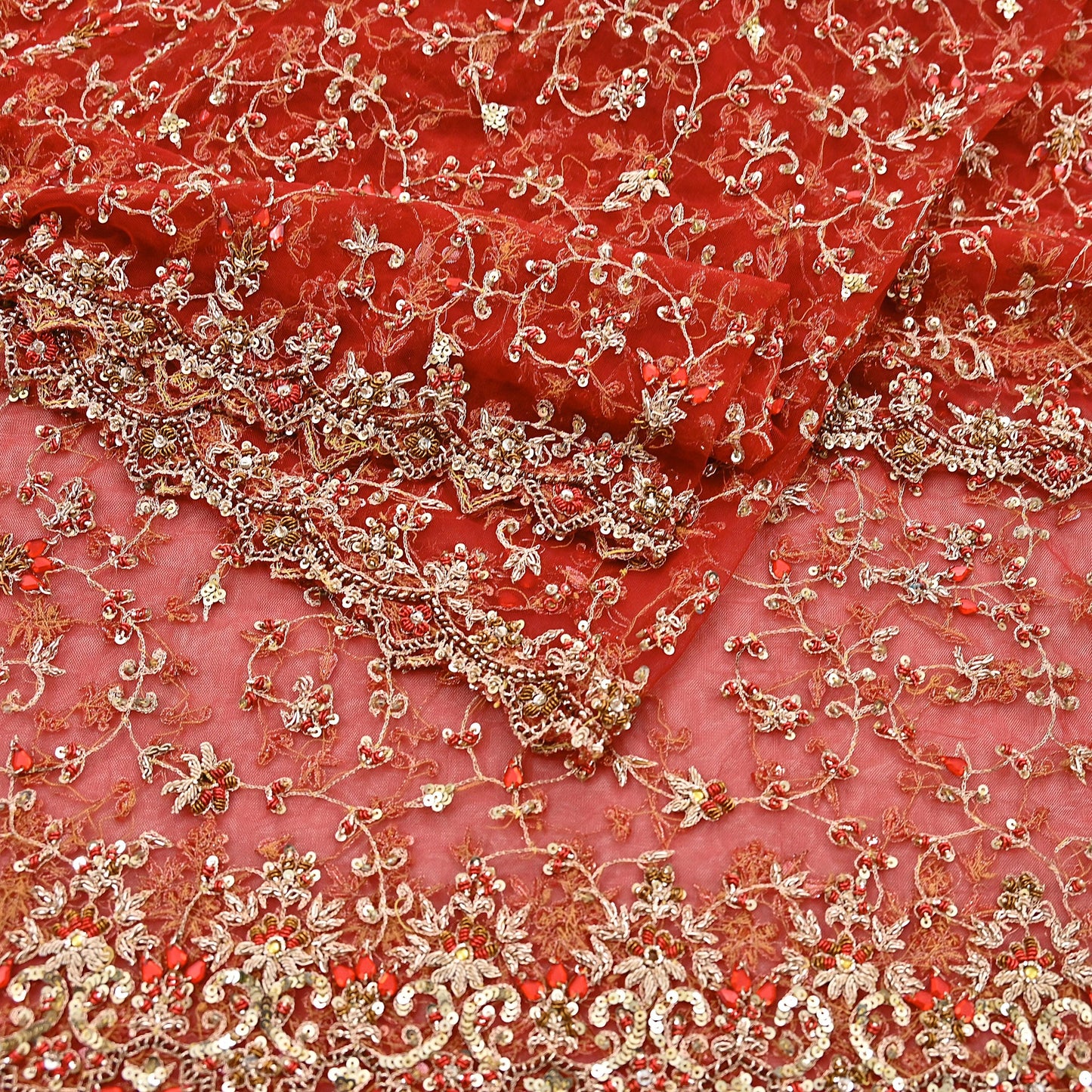 Indian Vintage Heavy Red Dupatta Net Mesh Long Stole Hand Embroidered Scarves Golden Zardozi Zari Sequins Stole