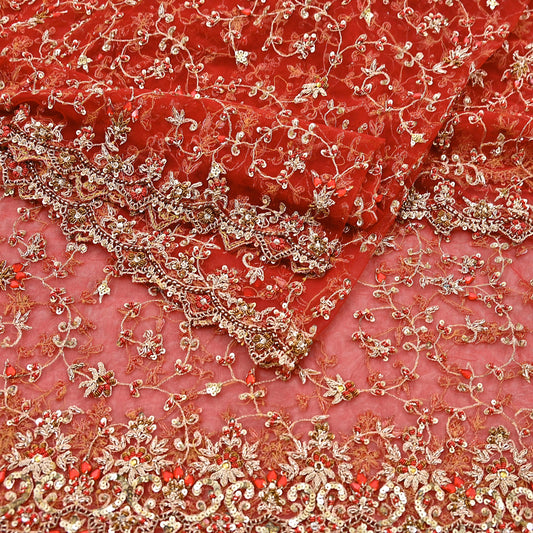 Indian Vintage Heavy Red Dupatta Net Mesh Long Stole Hand Embroidered Scarves Golden Zardozi Zari Sequins Stole