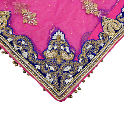 Indian Vintage Heavy Bridal Magenta Dupatta Net Mesh Long Stole Hand Embroidered Scarves Golden Zardozi Dabka Zari Wedding Veil Hijab