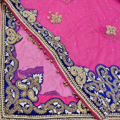 Indian Vintage Heavy Bridal Magenta Dupatta Net Mesh Long Stole Hand Embroidered Scarves Golden Zardozi Dabka Zari Wedding Veil Hijab