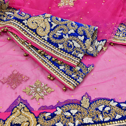 Indian Vintage Heavy Bridal Magenta Dupatta Net Mesh Long Stole Hand Embroidered Scarves Golden Zardozi Dabka Zari Wedding Veil Hijab