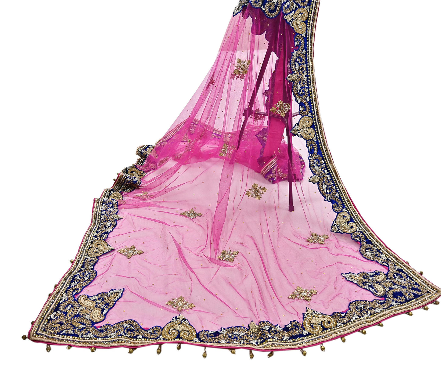 Indian Vintage Heavy Bridal Magenta Dupatta Net Mesh Long Stole Hand Embroidered Scarves Golden Zardozi Dabka Zari Wedding Veil Hijab