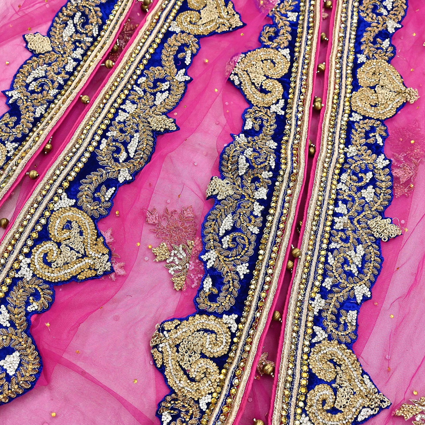 Indian Vintage Heavy Bridal Magenta Dupatta Net Mesh Long Stole Hand Embroidered Scarves Golden Zardozi Dabka Zari Wedding Veil Hijab