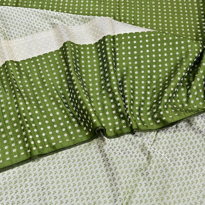 Indian Vintage Sari Green & Ivory Heavy Pure Satin Silk Woven Banarasi Tanchoi Sari Zari 5Yd Craft Fabric Dress making Ethnic Crafting