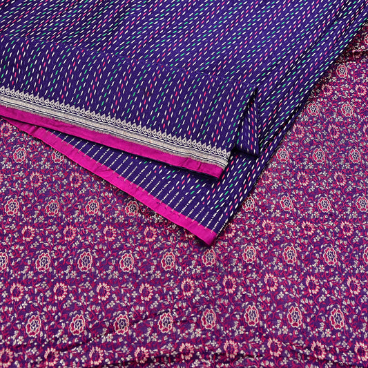Indian Vintage Blue Banarasi Brocade Saree | Heavy Wedding Sari in Pure Satin Silk Woven Zari Fabric for Crafting, Dressmaking