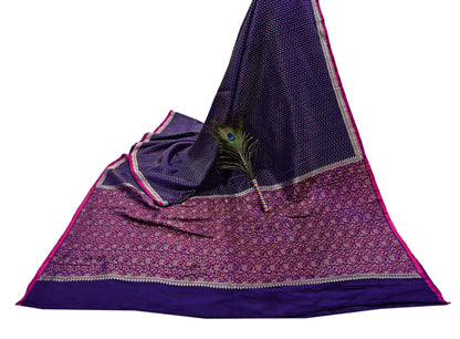 Indian Vintage Blue Banarasi Brocade Saree | Heavy Wedding Sari in Pure Satin Silk Woven Zari Fabric for Crafting, Dressmaking