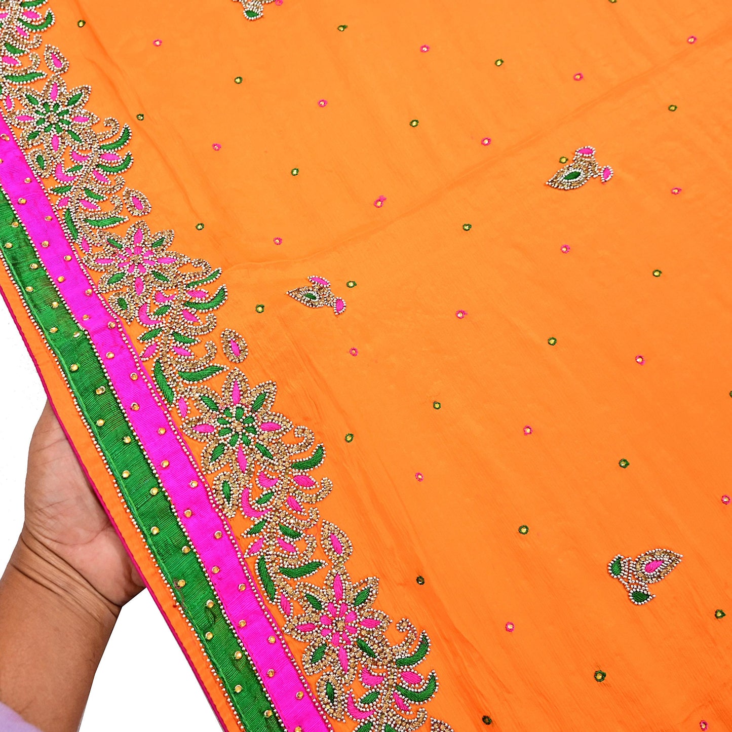 Indian Vintage Heavy Orange Dupatta Pure silk Long Stole Hand Embroidered Hijab Scarves Veil Wrap Zardozi Dabka