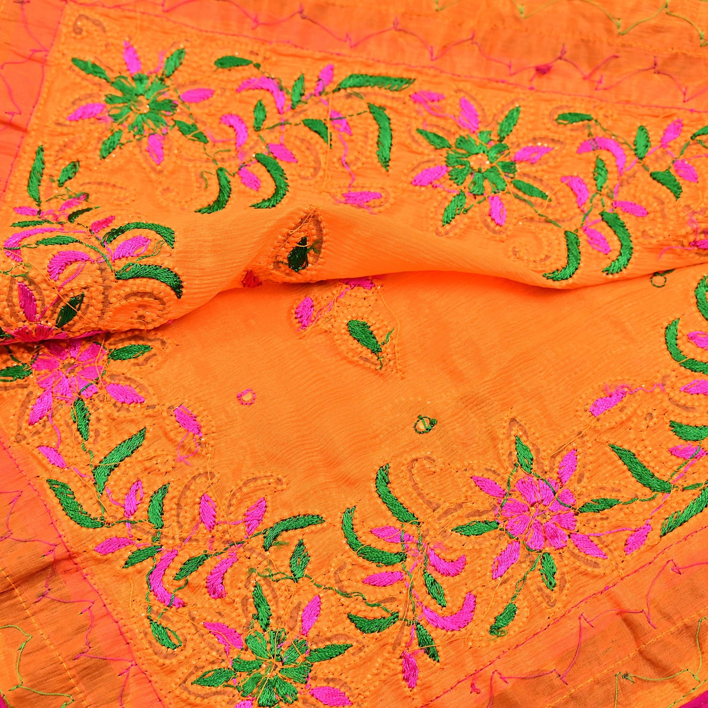 Indian Vintage Heavy Orange Dupatta Pure silk Long Stole Hand Embroidered Hijab Scarves Veil Wrap Zardozi Dabka