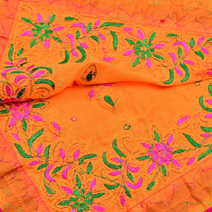 Indian Vintage Heavy Orange Dupatta Pure silk Long Stole Hand Embroidered Hijab Scarves Veil Wrap Zardozi Dabka