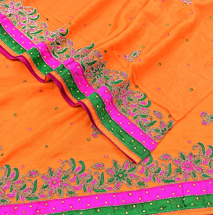 Indian Vintage Heavy Orange Dupatta Pure silk Long Stole Hand Embroidered Hijab Scarves Veil Wrap Zardozi Dabka