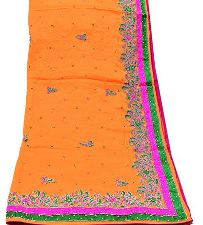 Indian Vintage Heavy Orange Dupatta Pure silk Long Stole Hand Embroidered Hijab Scarves Veil Wrap Zardozi Dabka