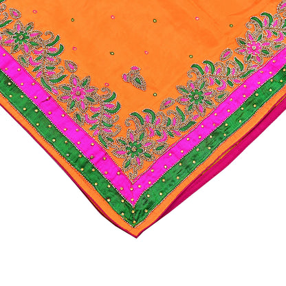 Indian Vintage Heavy Orange Dupatta Pure silk Long Stole Hand Embroidered Hijab Scarves Veil Wrap Zardozi Dabka