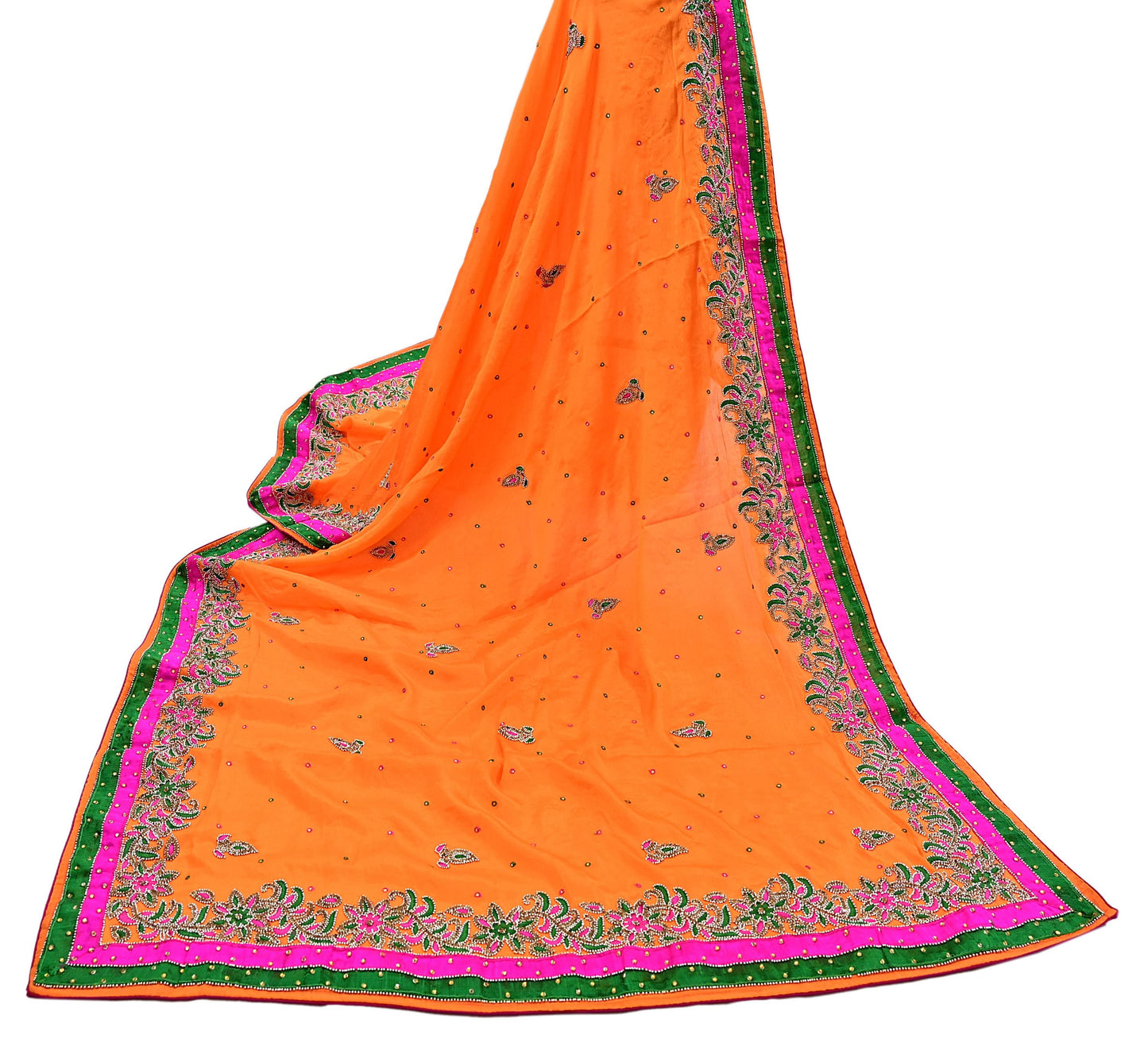 Indian Vintage Heavy Orange Dupatta Pure silk Long Stole Hand Embroidered Hijab Scarves Veil Wrap Zardozi Dabka