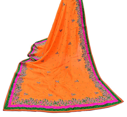 Indian Vintage Heavy Orange Dupatta Pure silk Long Stole Hand Embroidered Hijab Scarves Veil Wrap Zardozi Dabka